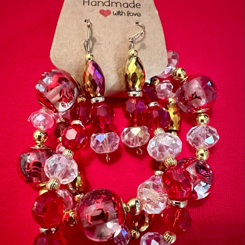 Handmade Red and Gold Beaded Bracelet & Earring Set